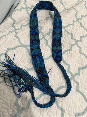 Handwoven Blue and Black Beaded Necklace